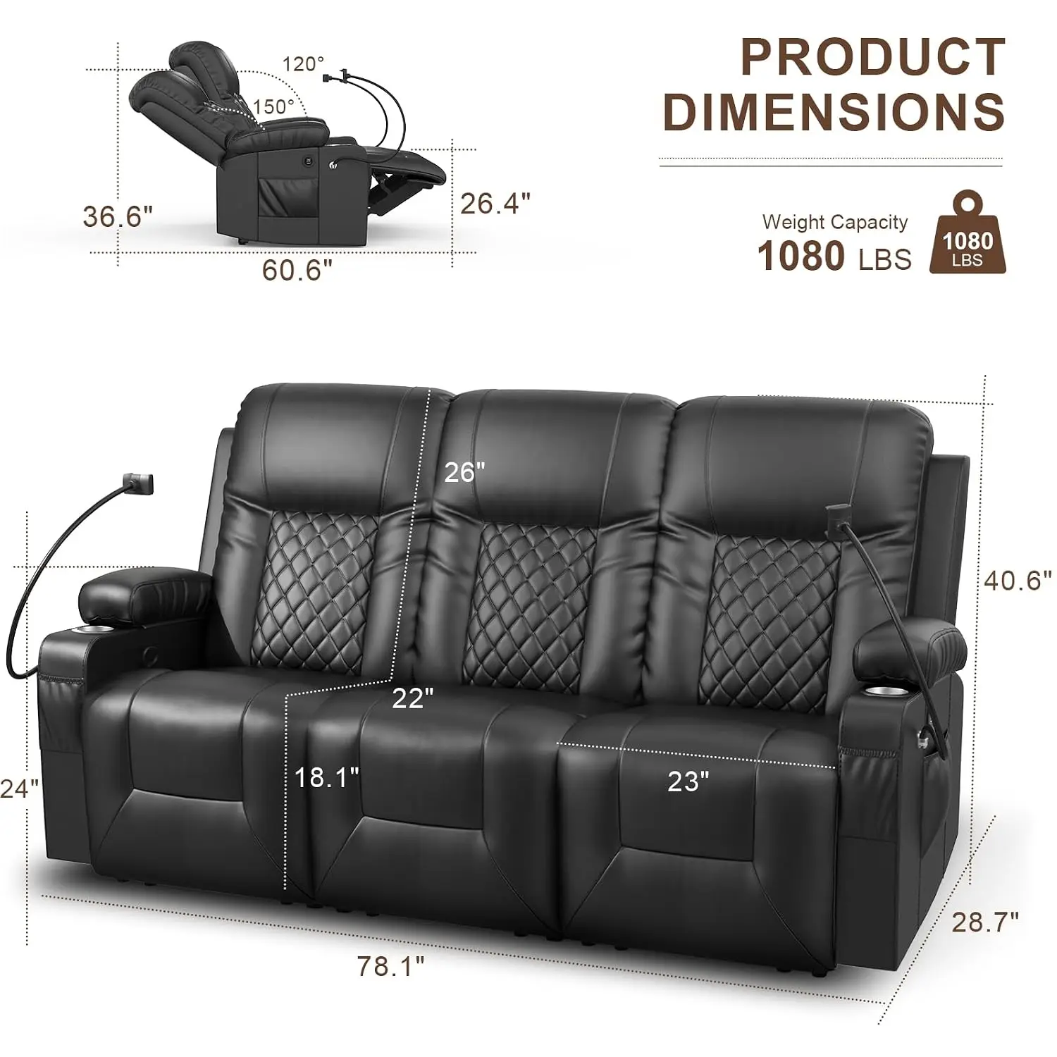 Dual Reclining Sofa 3-Seat PU Leather Loveseat Modern Living Room Furniture with Cup Holder Phone Holder USB Ports, Customized