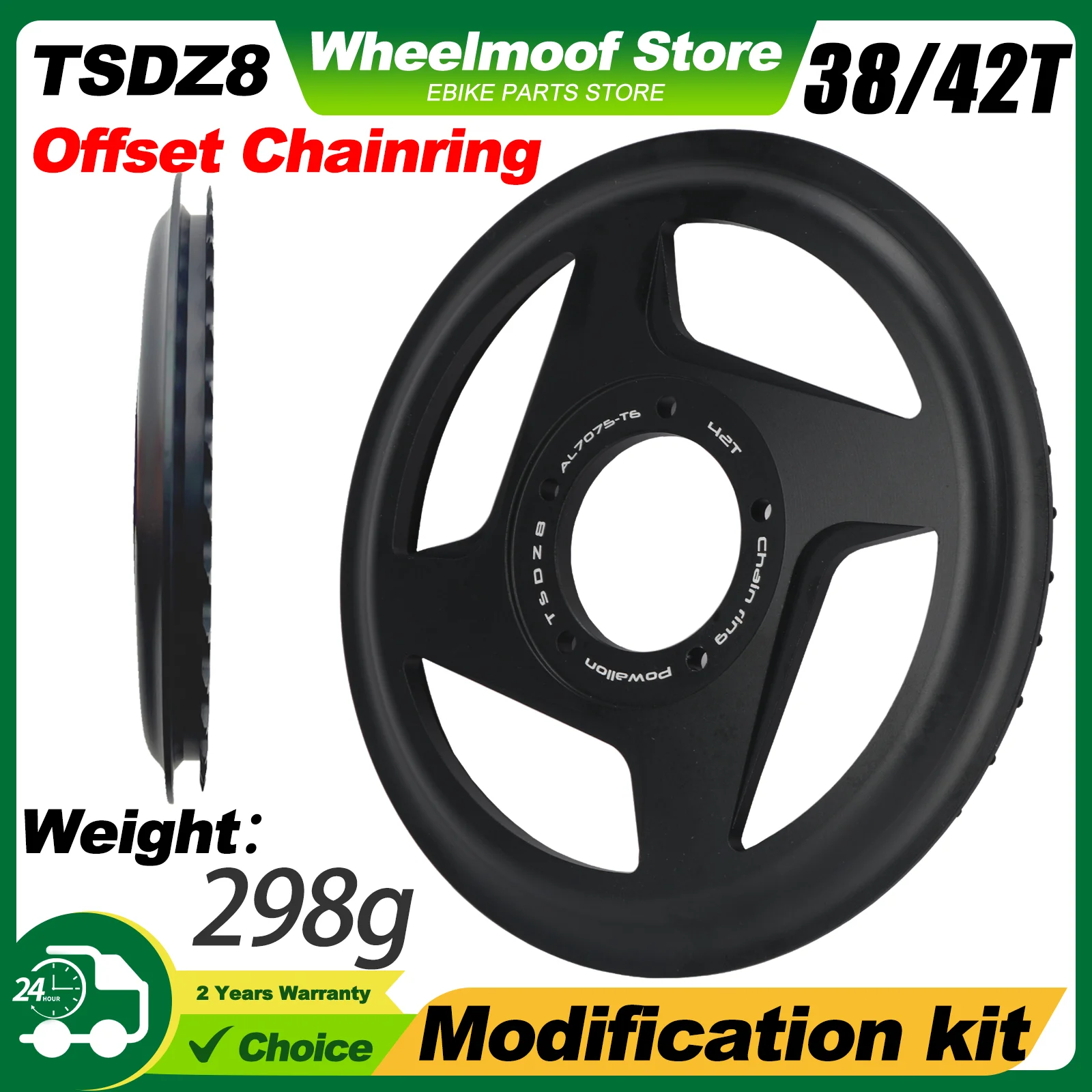 

Powallon 42T Offset Chainring with Integrated Guard for Tongsheng TSDZ8 Mid-Drive Motor Kit - Perfect for Ebike Conversion