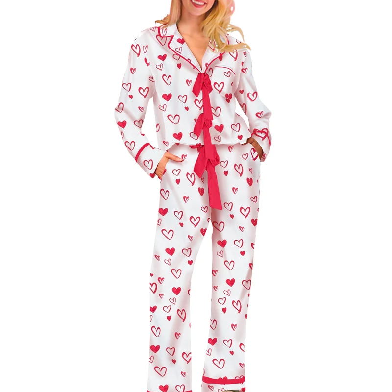 Lamuusaa Mommy and Me Matching Pajamas Valentines Day Heart Print Tie Front Bow Long Sleeve Tops and Pants Family Loungewear