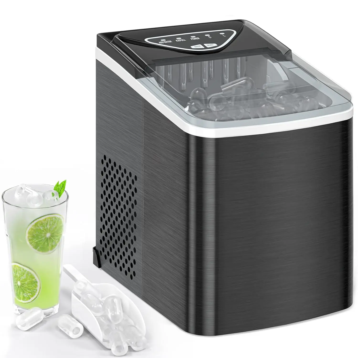 

Ice Makers Countertop, Compact Counter Machine, Self Cleaning, 26L/24H, 9 Ice Cubes S/L Pellet in 6-8 Mins, Portable Icemaker wi