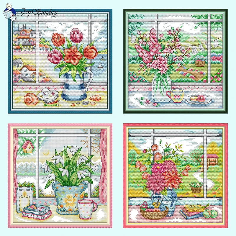 Vase On The Windowsill Series Joy Sunday Stamped Cross Stitch Set 14CT Count Fabric 16CT 11CT Printed Cloths DIY Hand Embroidery