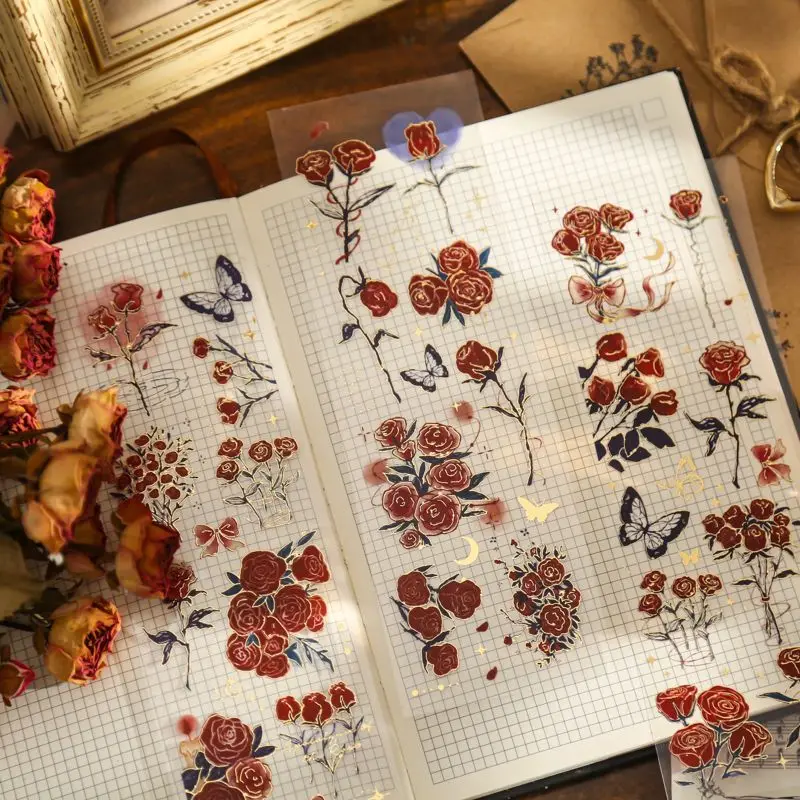 Rose Revelation PVC Three-dimensional Bronzing Flat Stickers Hand-painted Floral Manual Ledger Material Decorative Stickers