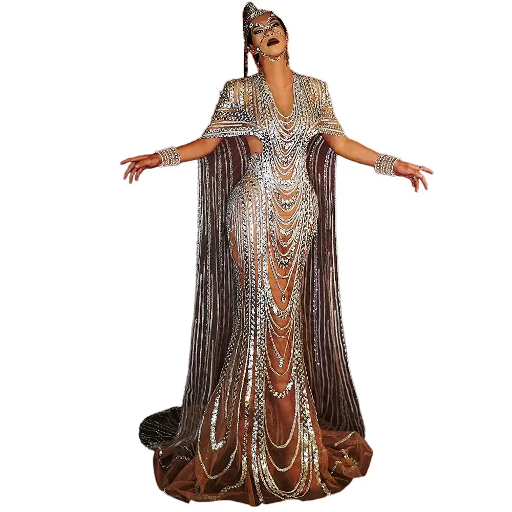 

Women Silver Shining Crystal Sequins Shawl Dress For Festival Evening Stage Singer Costume