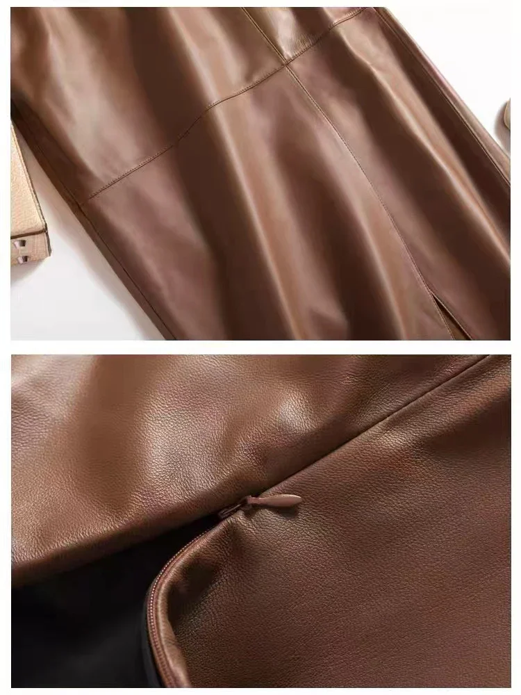 2025 ฤดูใบไม้ผลิใหม่ของแท้หนังกระโปรงผู้หญิงStreetwearเอวสูงSlit 85 ซม.ยาวJupeสีกากี/สีดําWrap Saia Longa