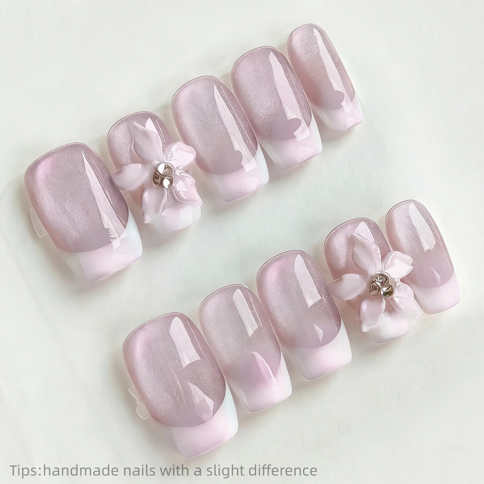 

10Pcs French Handmade Press on Nails Purple Cat Eye Fake Nails Wearable Stick-on Nails False Nail 네일팁