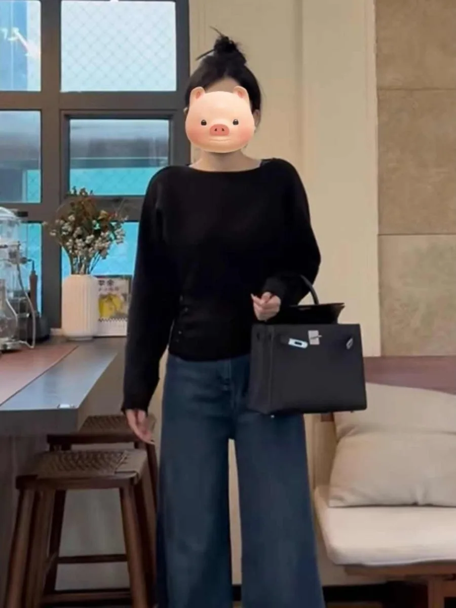 한국 슬레 여성 니트 원숄더 스웨터 슬림핏 롱 스웨터 라운드 넥 베이스 이너웨어 캐주얼 데일리 탑