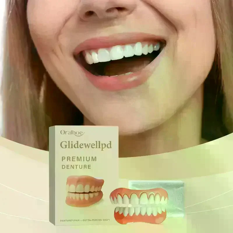 Safe Silicone Upper & Lower Veneers Full Denture Fake Teeth Perfect Laugh Veneers Dentures Paste Fake Teet For Women Men 1 Set