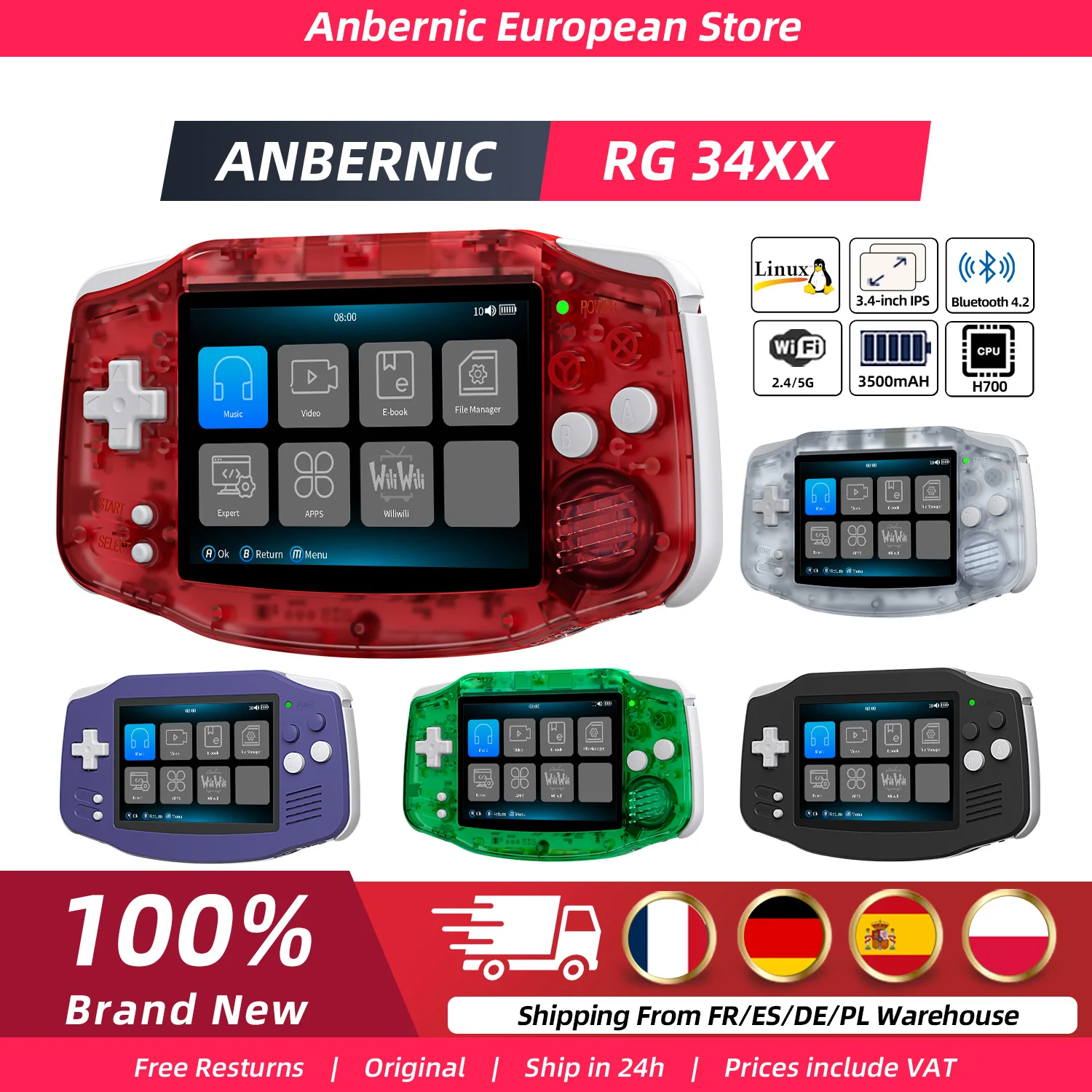 Anbernic RG34XX consoles de jeux portables rétro RG 34XX lecteur de jeu rétro classique Linux 64 bits 3500mAh batterie WiFi Bluetooth HD