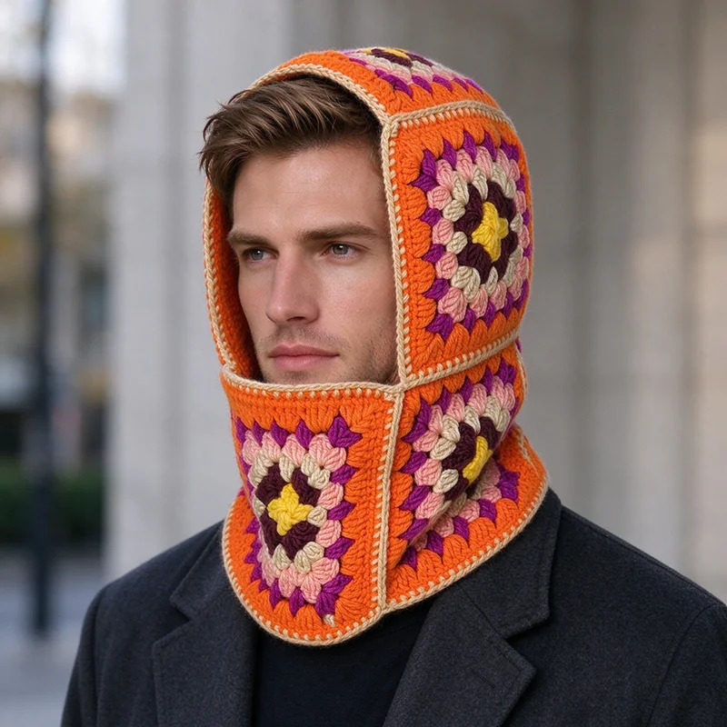 Handmade Colorful Granny Square Balaclava Hat Women Custom Crochet Knitted Earflap Beanie Girls Winter Warm Casual Festival Caps