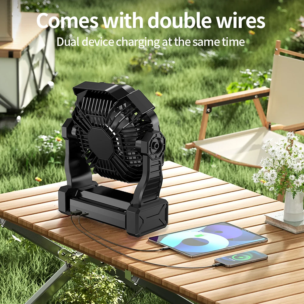 2025 Ventilatore da campeggio ricaricabile per esterni con luce a led, dispositivo di raffreddamento, banca di potere, campeggio da appendere alla ventola portatile