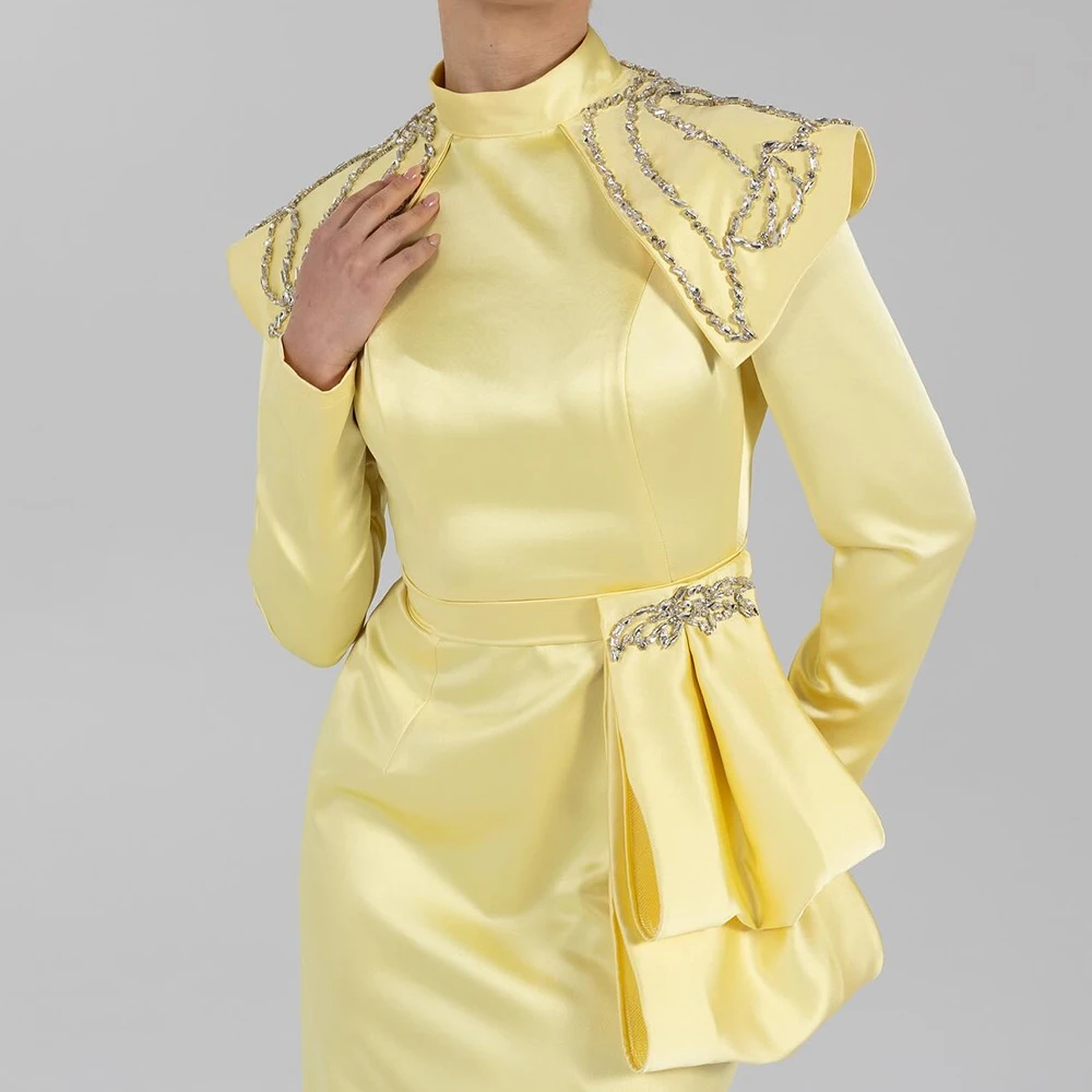 Customized Straight Evening Dresses Tea-length High-neck Full Sleeve Prom Gown Fashion Stole Sequined Simple Pleat Party Gown