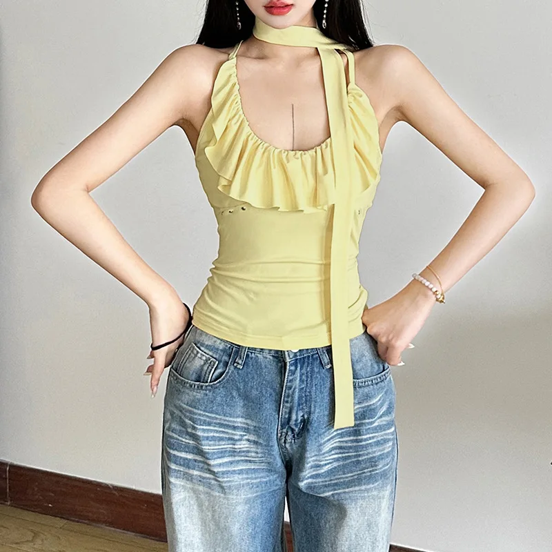 

Spring new women's clothing solid color slim fit street fashion hanging neck sling sleeveless vest for women