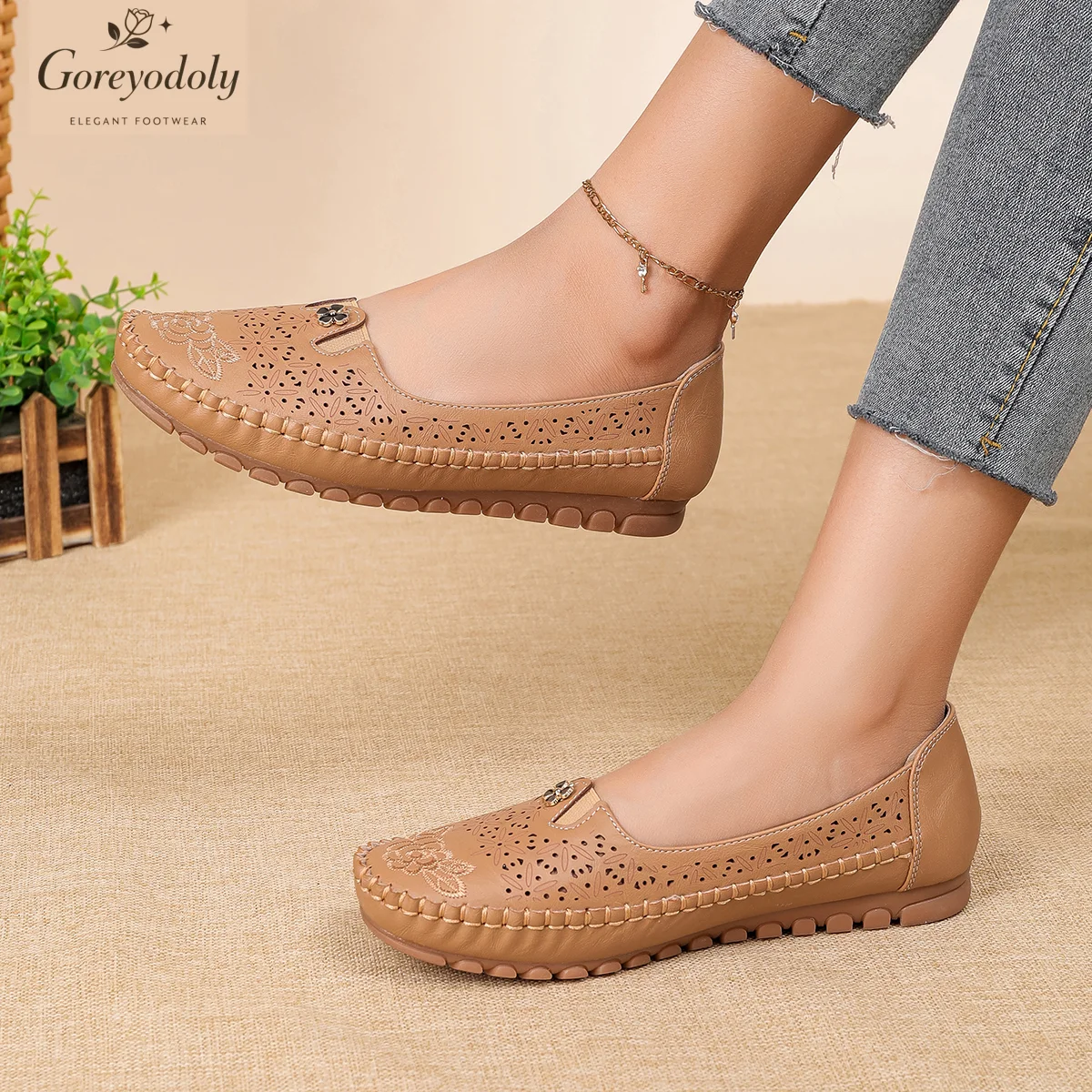 Goreyodoly women loafers floral embroidery hollow design slip on flats breathable lightweight casual walking shoes soft non slip - view 6