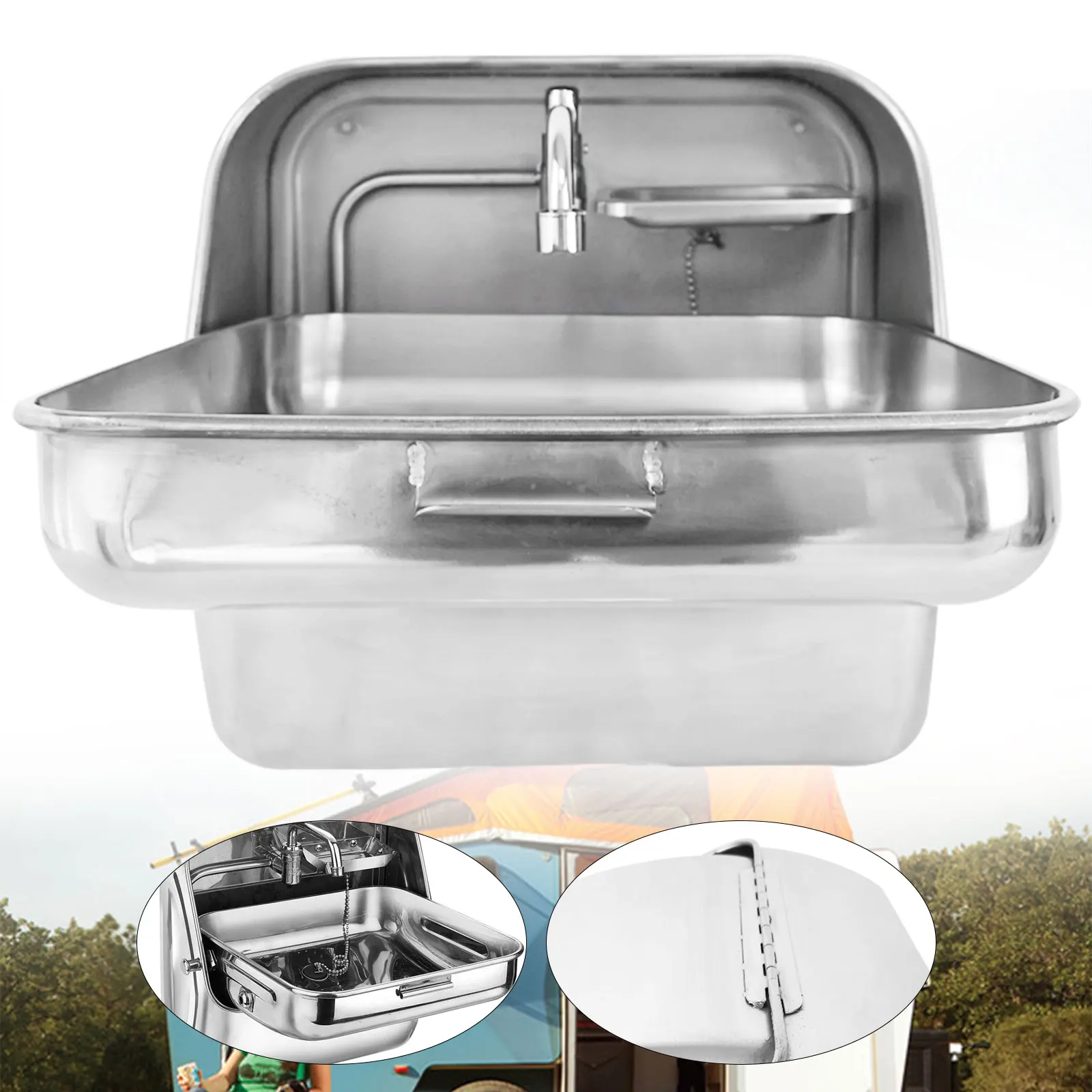 

RV Folding Sink Caravans Silver Washbasin Bowl with Water Drain 304 Stainless Steel 30*30*8.6cm