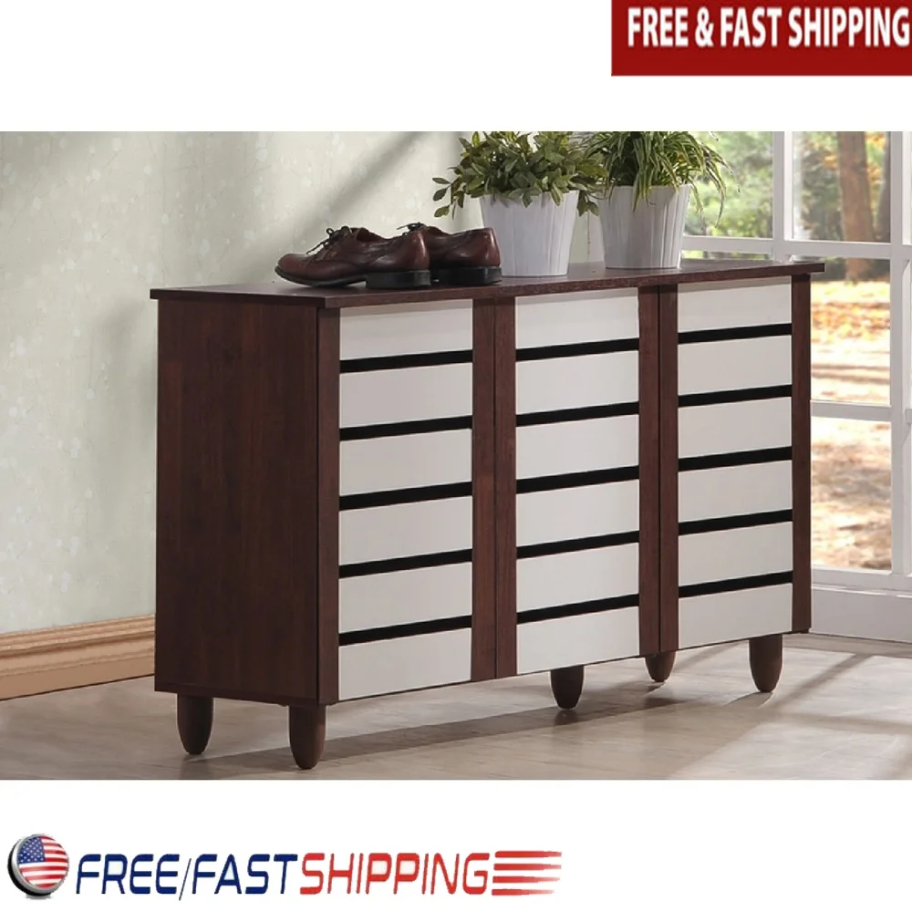 

Modern 3-Door Shoe Cabinet Engineered Wood Storage Organizer with Magnetic Closing System Indoor Use Dark Oak White Finish