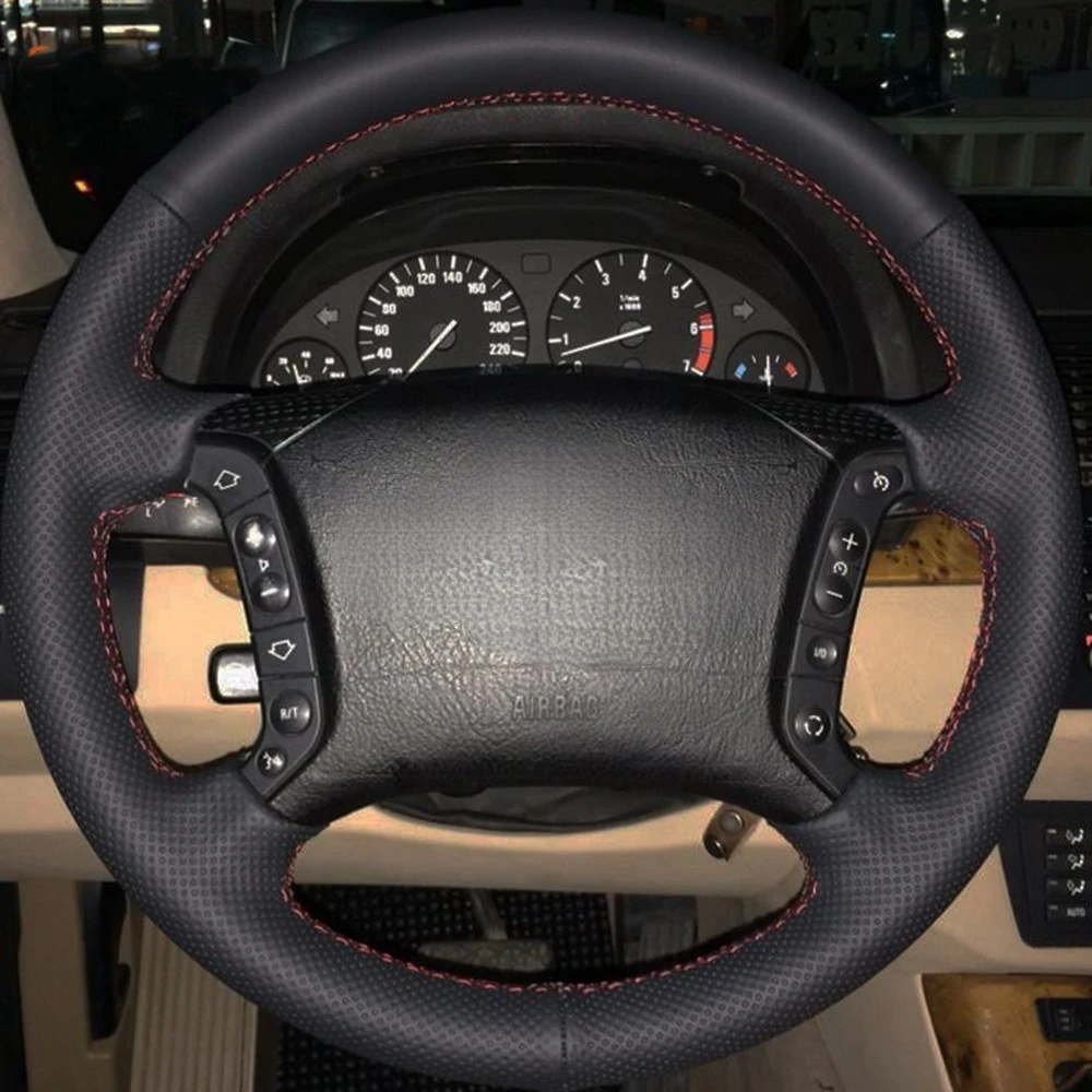 Black Car Steering Wheel Cover DIY Hand-stitched Artificial Leather For BMW E46 318i 325i E39 E53 X5