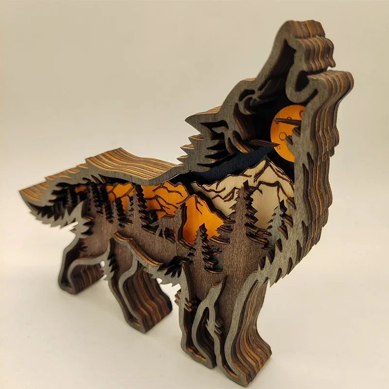 Christmas Wooden Decoration Animal Wolf Statue Miniature  Totem Ornament Office Accessories Forest Figurines