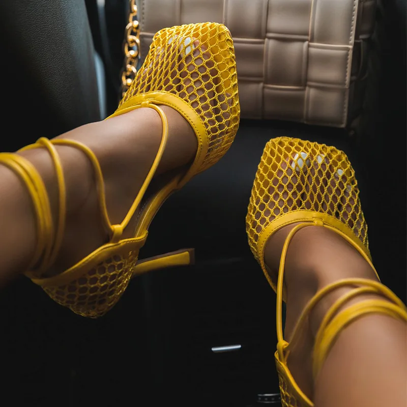 2023 New Sexy Yellow Mesh Pumps Sandals Female Square Toe High Heel Lace Up Cross-tied Stiletto Hollow Dress Shoes Summer Sandal