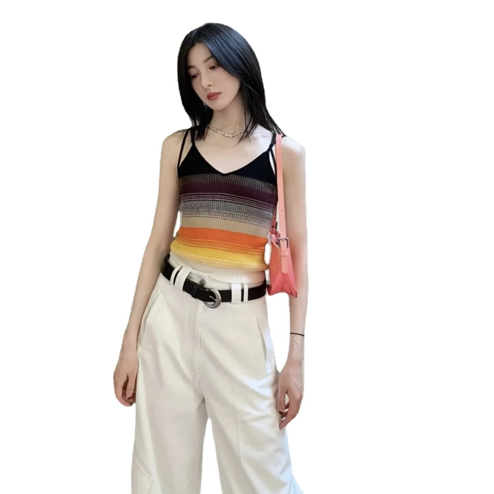 

Casual Double-Sided Wear Sunset Gradient Color Striped Wool Cashmere Knitted Camisole for Women