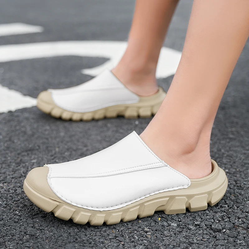 

Men's Closed Toe Half Slides, Thick Sole Walking Shoes, Non-slip & Wear-resistant, Casual Slippers for Daily/Beach/Outdoor