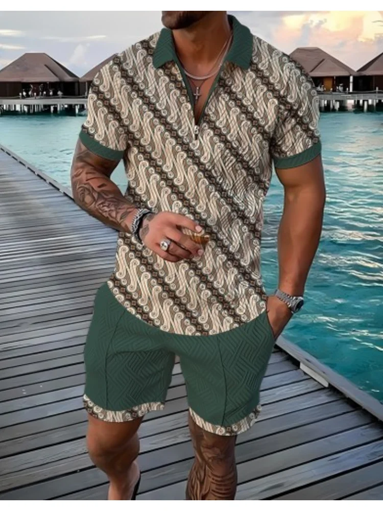 

Casual Outdoor Casual hosiery, two-piece sportswear, men's 3D Printed short-sleeved T-shirt, Polo Suit With Zipper And Lapel