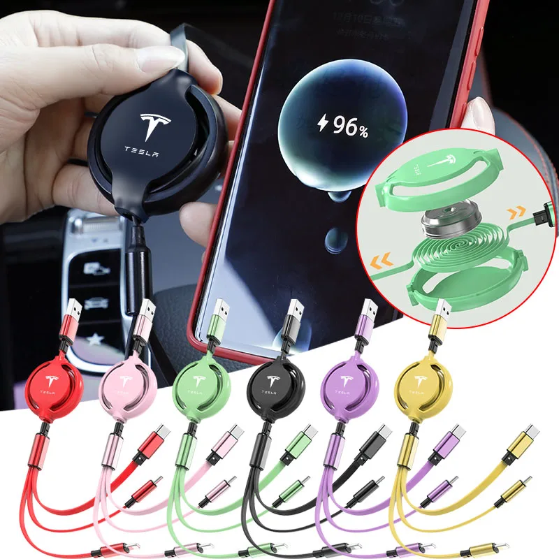 

USB Car Charger Three in One Head Retractable Fast Charge Data Cable for Tesla Model 3 2016-2020 Decals Model X S Center Hub Cap