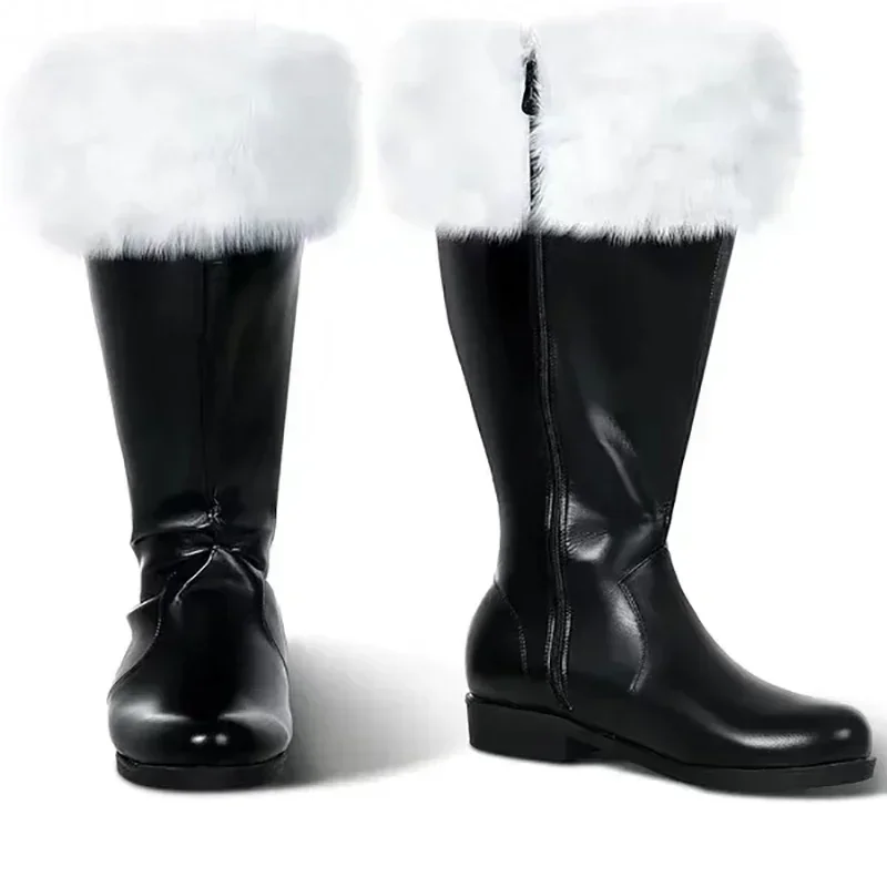 Christmas Santa Claus Cosplay Boots Adult Unisex Black Leather Shoes White Plush Cuffs Foot Halloween Christmas Winter Boots