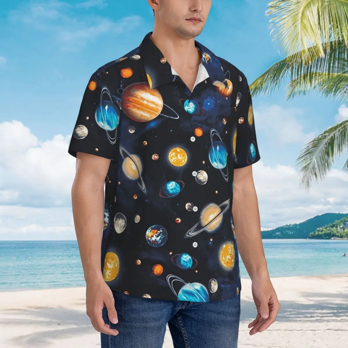 

Solar System Space Planets Universe Hawaiian Shirts Fashion Men Short Sleeve Shirt for Summer Beach Men's Button Tops