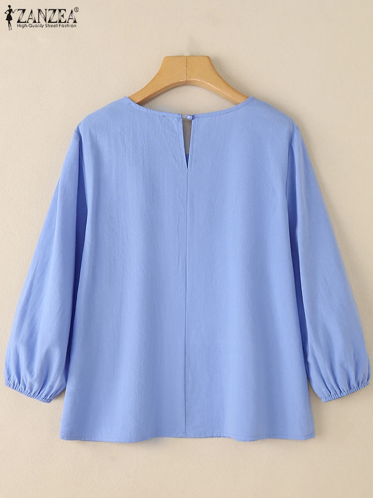 ZANZEA หลวมสบายๆ 3/4 Sleeve Blusas Mujer วันสวมใส่ 2025 ฤดูร้อน Breathable ผู้หญิงทุกวัน O-คอผ้าฝ้ายสีทึบเสื้อ