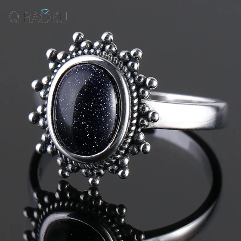 

Sterling Silver 925 Ring for Women 7x9mm Natural Blue Sandstone Ring Gift Sun Shaped Retro Luxury Fine Jewelry
