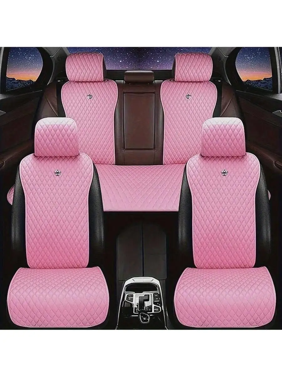 5-Seat Set Pink Inlaid Crystal Crown Car Seat Cushion - Fashionable, Universal, PU Leather Surface, Artificial Diamond Accents,