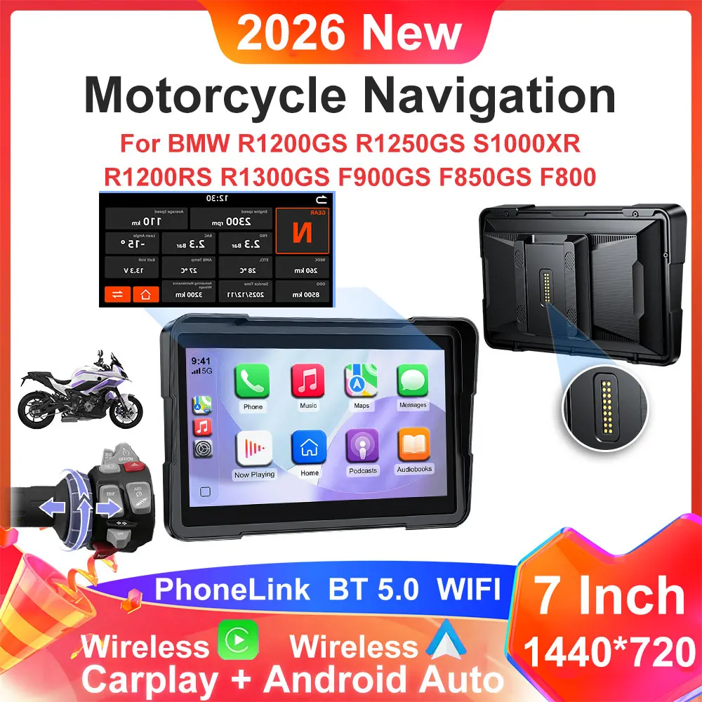 

7-дюймовый GPS-навигатор с беспроводным CarPlay и Android Auto, Bluetooth для мотоциклов BMW R1200GS, R1250GS, S1000XR, R1300GS