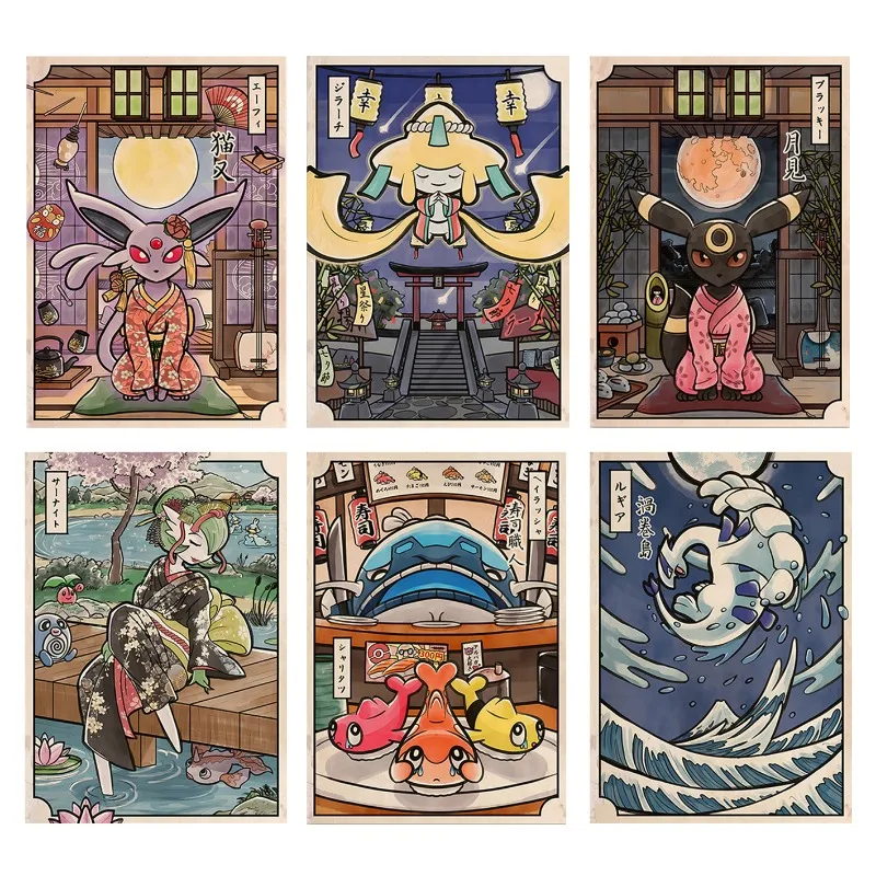 

Vintage Style Triptych Pokemon Pokémon Pikachu Kabi Beast Kids Room Poster Wall Painting Interior Decoration Canvas Painting