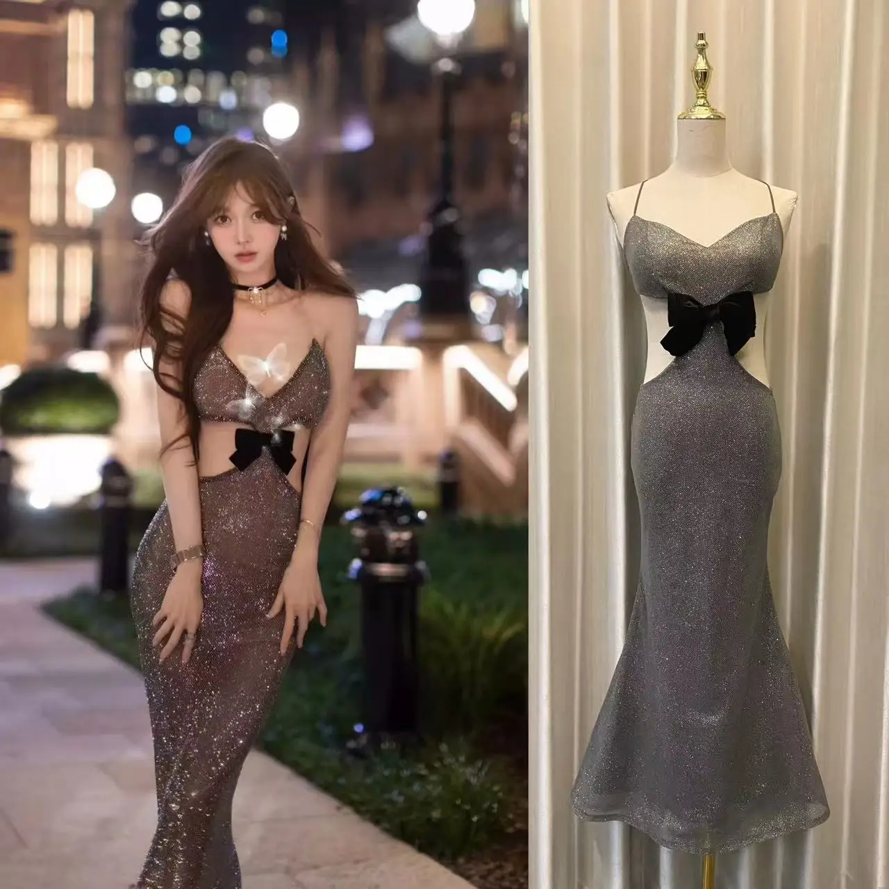 High Quality French Sexy Lace Up Backless Women V Neck Prom Club Mermaid Dress Spring Shiny Bow Halter Bodycon Party Long Dress