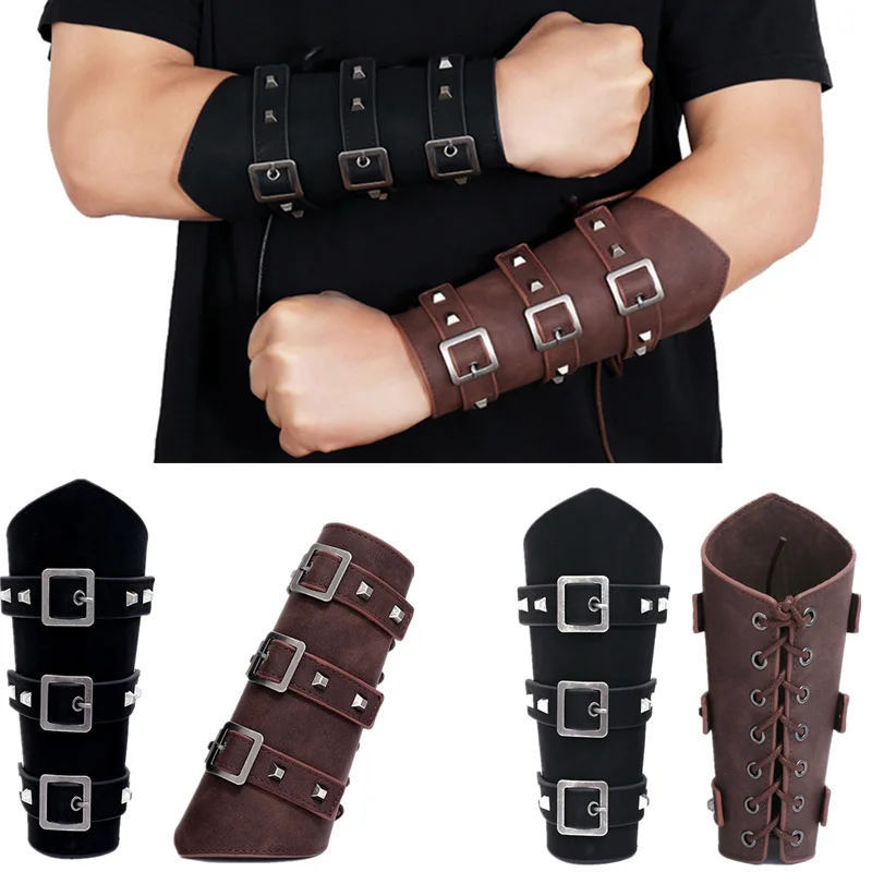 Unisex Leather Gauntlet Wide Bracer Arm Armor Wristband Protector Cuff String Steampunk Bangle Buckle Bracers Cosplay Prop Decor