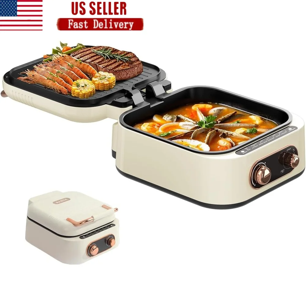 

7-in-1 Electric Griddle Non-Stick Smokeless Grill Fryer Bakes Boils Steams Dual-Zone Temperature Control Kitchen Appliance