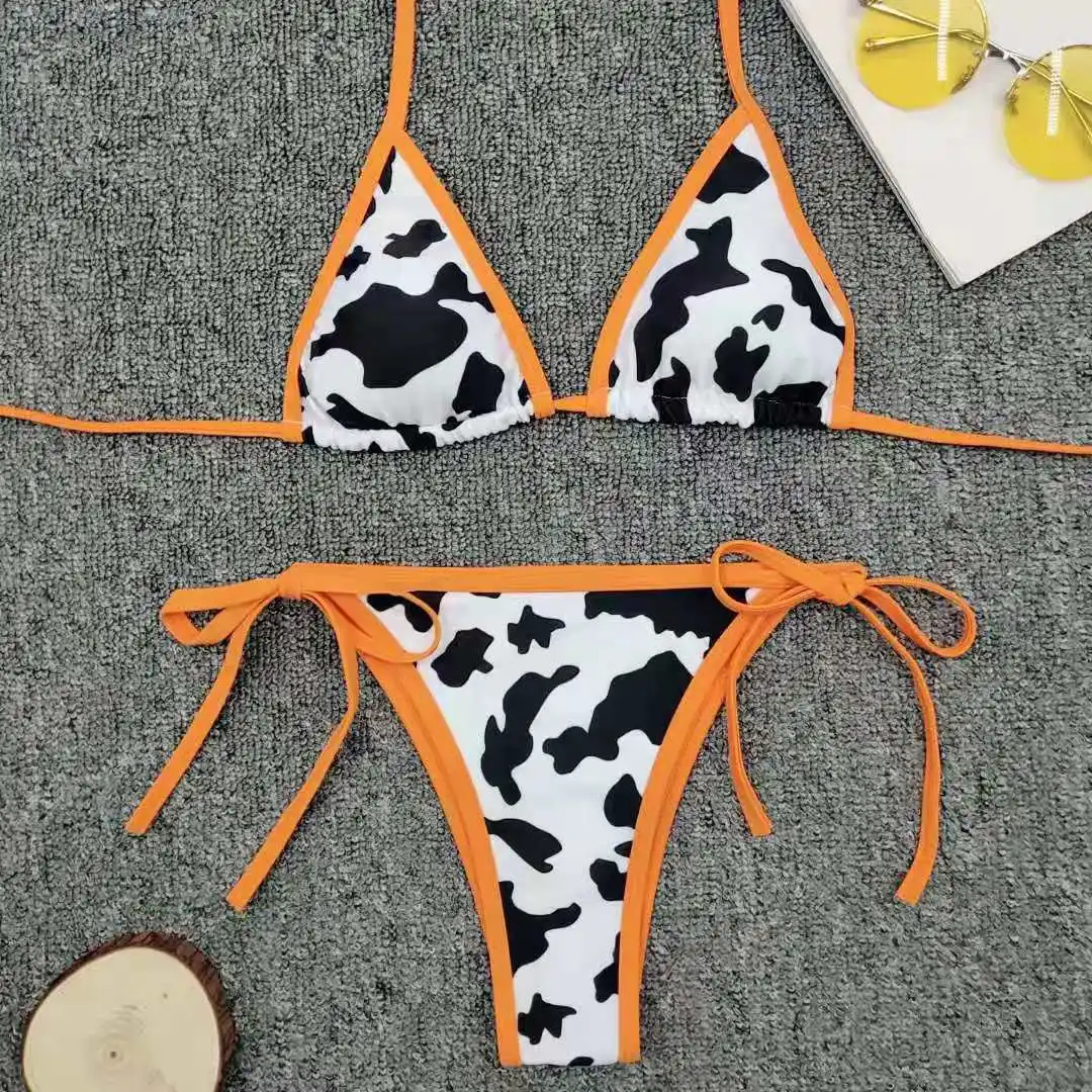 

Sexy Bikini Women Orange Cow Print Swimwear Summer Push Up G-String Bikini Set Beach Bathing Suit Micro Swimwear Biquini 2022