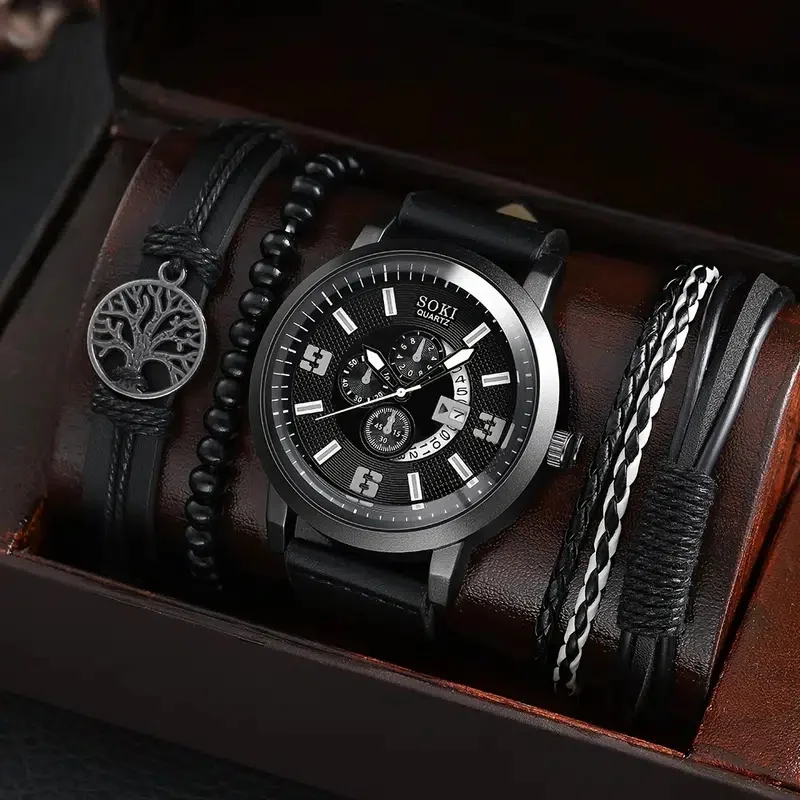 4PCS Set Fashion Mens Sports Watches Man Business Quartz Wristwatch Luxury Brown Leather Bracelet Men Casual Clock Watch