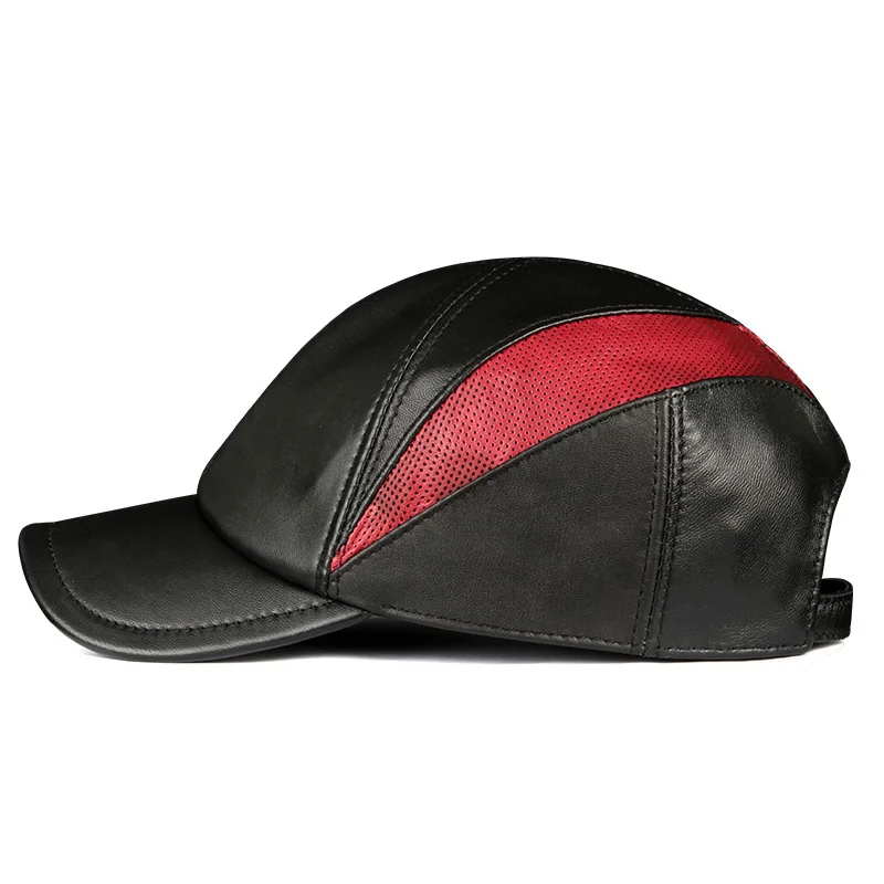 Men\'s Hats Male Genuine Leather Perforated Breathable Baseball Caps Youth Stylish Black Red Patchwork Thin Climing Hockey Gorra