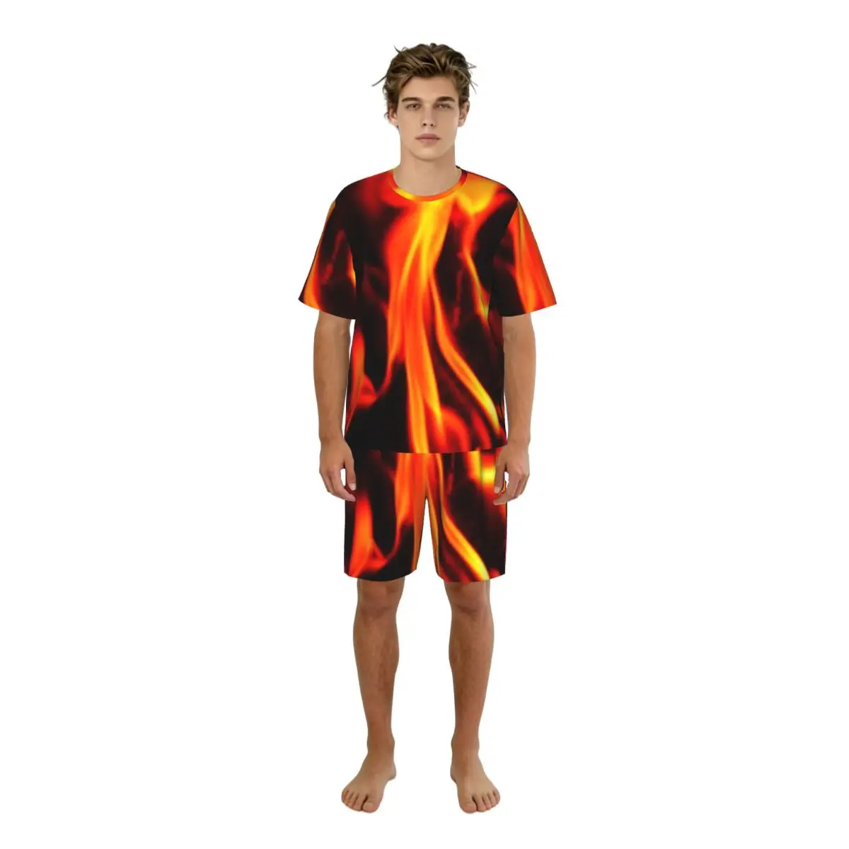 

Мужской пижамный комплект с коротким рукавом и шортами, с принтом пламени, для сна и дома, повседневная домашняя одежда