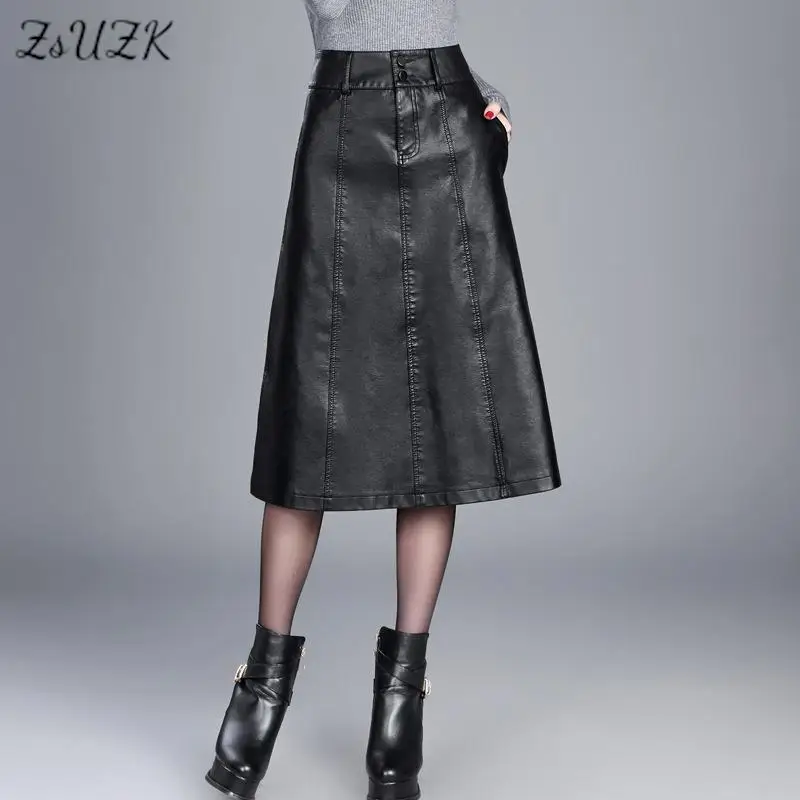 

ZUZK Women A-line PU Leather Skirt New Autumn Winter High Waist Elegant Chic Loose Casual Office Lady Mid-long Skirts Pockets