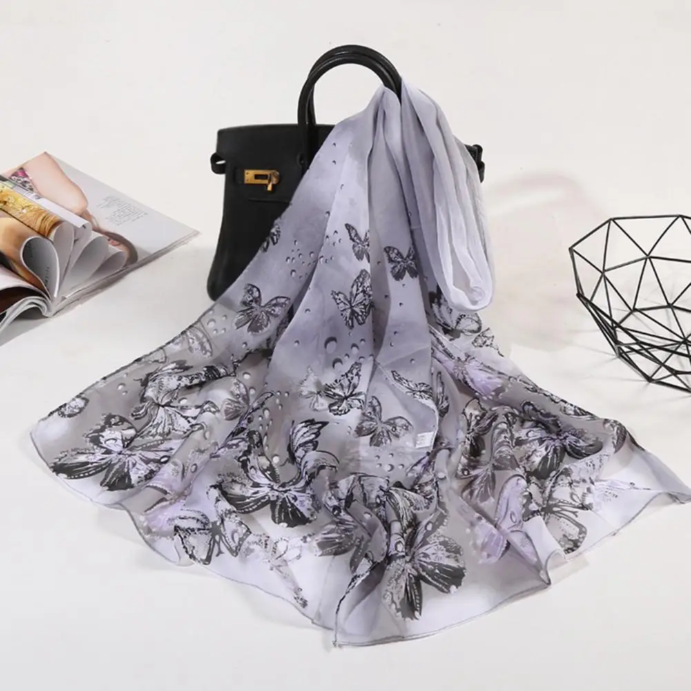 Stylish Faux Silk Scarf Colorful Chiffon Shawl Breathable Summer Butterfly Print Long Shawl Wrap  Dress Up