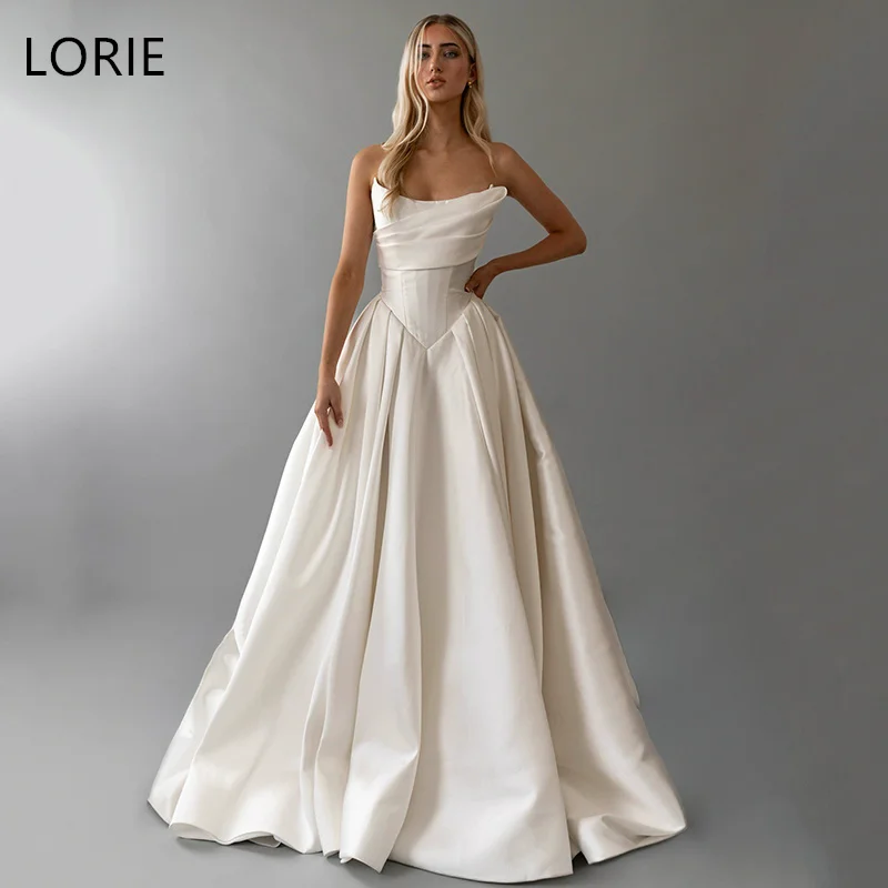 

LORIE Elegant Satin Strapless Wedding Dresses A-Line Sleeveless Bride Prom Gown Ivory Pleated Bridal Gowns Customized