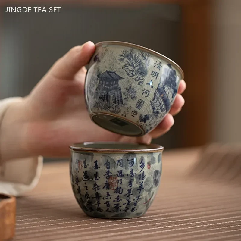 110ml Jingdezhen Blue and White Porcelain Teacup Antique Ceramic Master Cup Portable Personal Single Cup Custom Tea Accessories