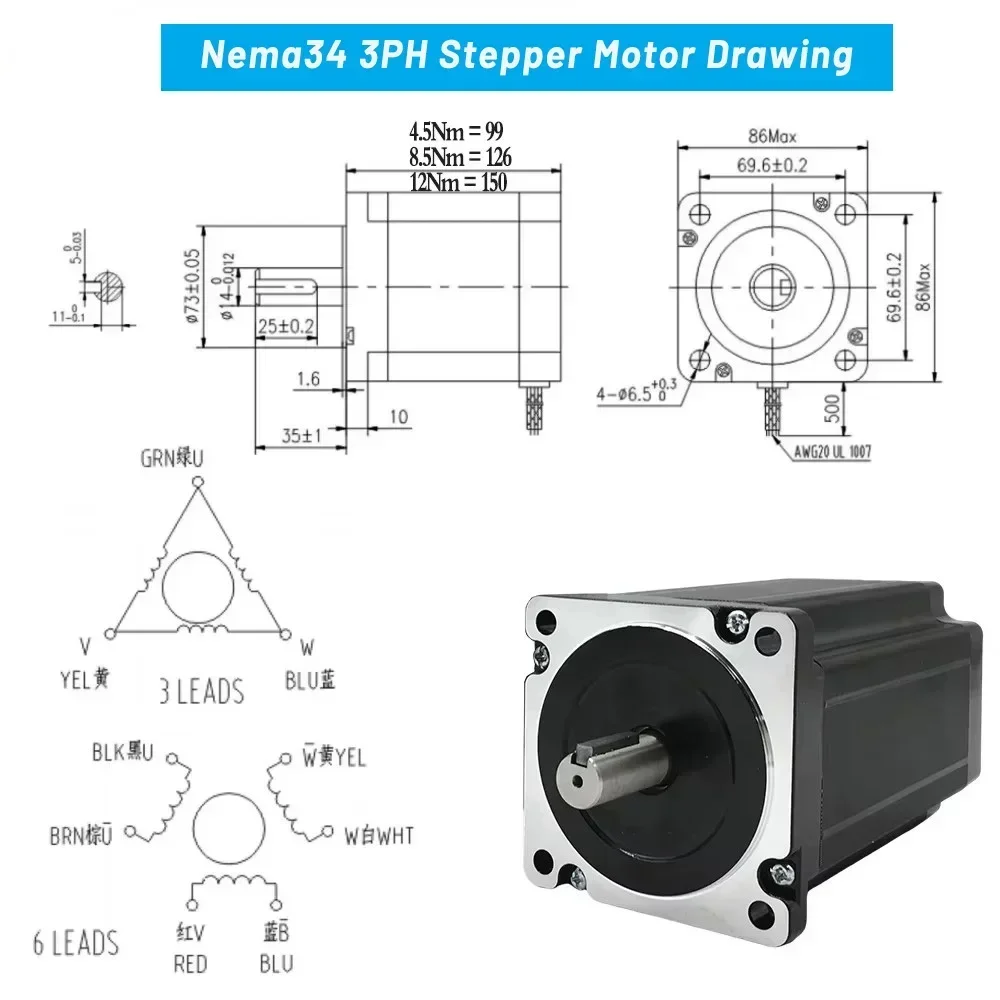 Nema34 86mm 3PH Kit di azionamento motore passo-passo 14mm Albero 4.5A 4.5/8.5/12Nm Motore AC 110V-220V Azionamento 3522 Per macchina per incidere CNC