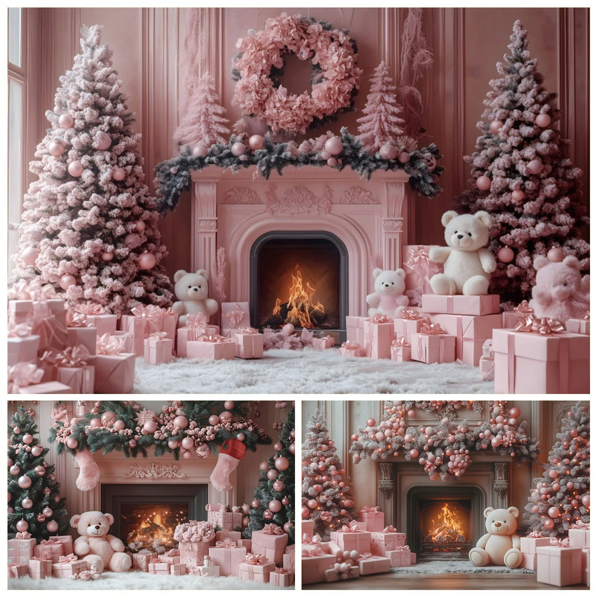 

Pink Christmas Fireplace Backdrop Winter Xmas Tree Bear Gift Girl Birthday Family Party Kids Portrait Photography Background