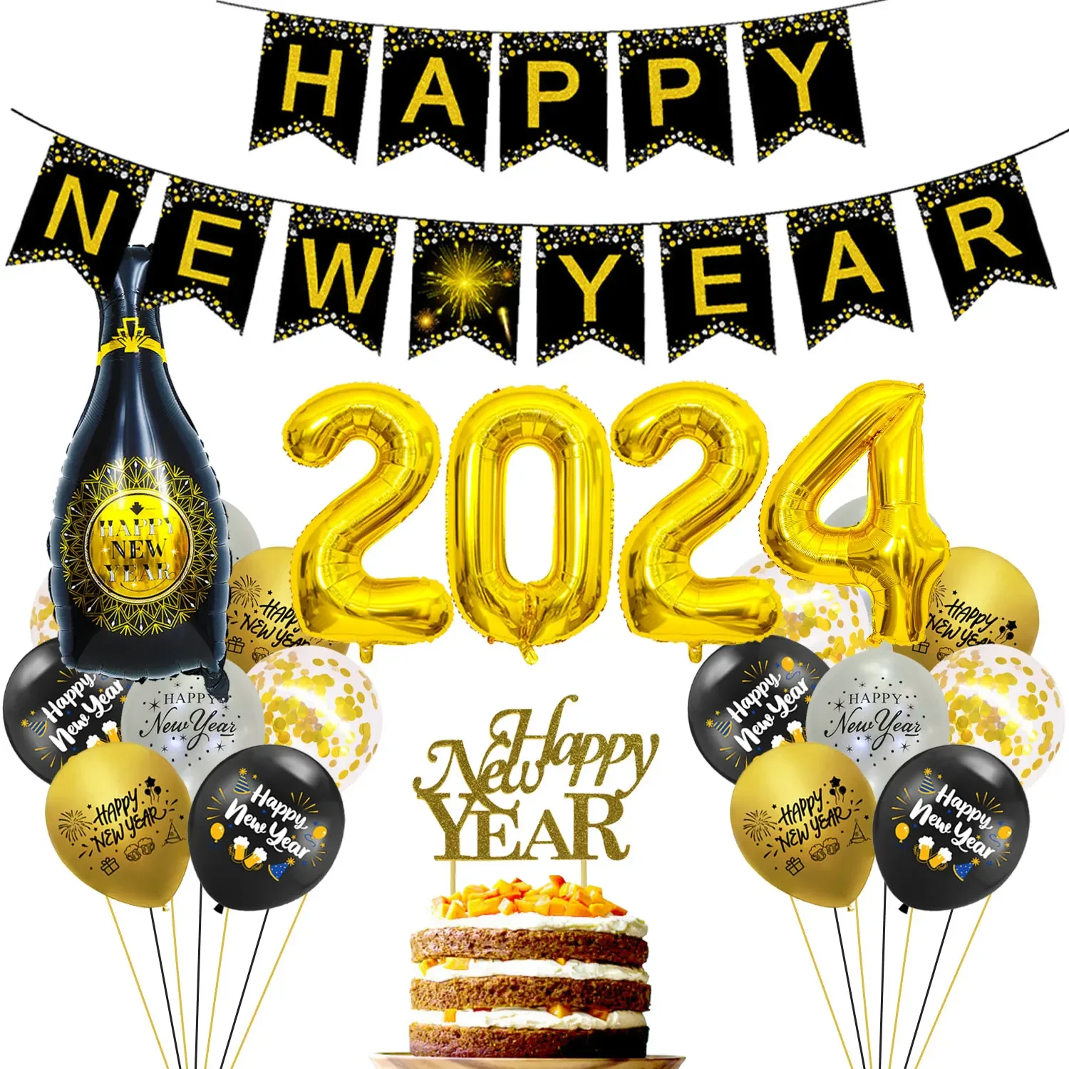 

New Year Party Decor 2024 with Happy New Year Backdrop Wine Bottle Balloons for Happy New Year Decorations