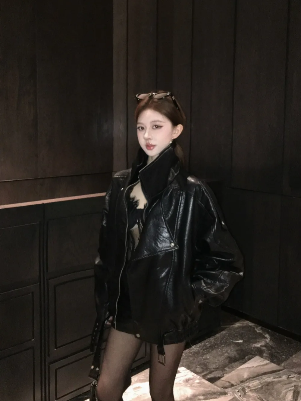 

Retro American Black PU Leather Jacket Women's Winter High-End Loose Zipper Stand Collar Motorcycle Jacket Top