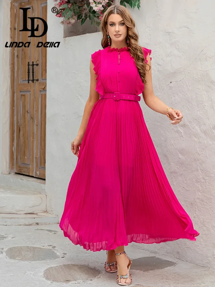 

LD LINDA DELLA high-end temperament waist cinched ruffle edge waistband big swing dress 2025 summer new pleated ol skirt