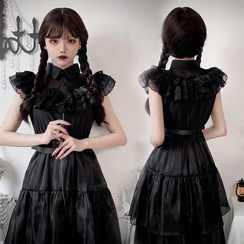 

Gothic Halloween Wedding Dress Wednesday Adams Costume Dark Little Black Dress Female Stage Performance Traditional C...